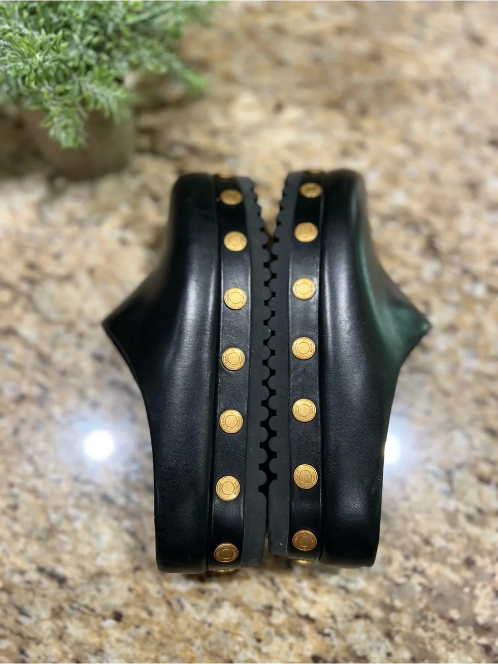 Tory Burch Black Leather Platform Mules with Gold Coins 6M